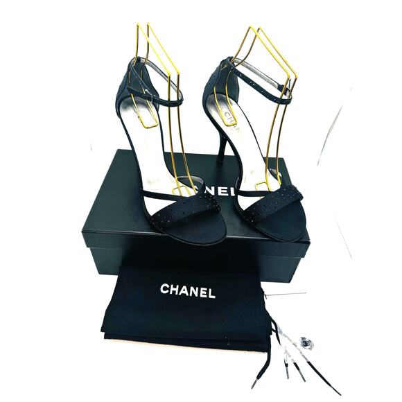 Chanel Embellished Classic Black Satin Strappy Sandals size 39.5 - Picture 2 of 11